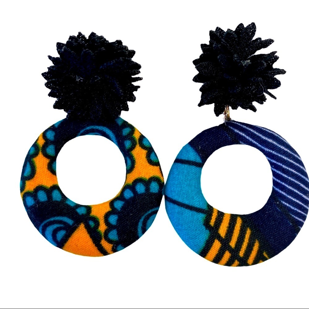 Handmade‎ Ankara Fabric Hoop Earrings with Black Pom Pom Top